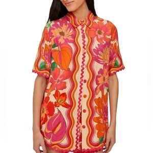 FARM Rio Spring Affair Floral Linen Button Top Ric Rac Applique M Oversize EUC